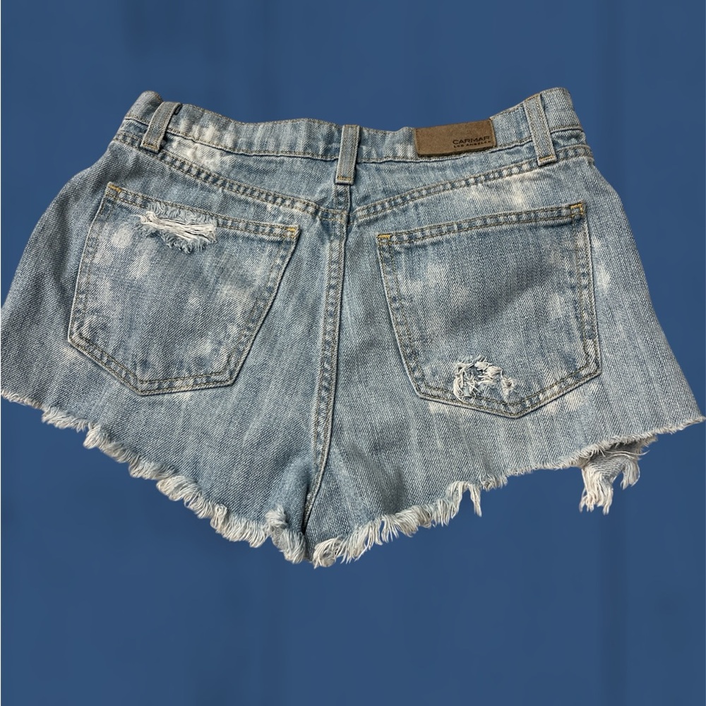 Carmar High Rise Distressed Shredded Denim Cutoff Shorts 26 vintage light blue